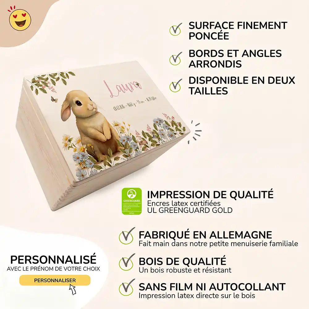 Boîte à souvenirs bébé personnalisée Petit lapin – surface poncée, bords arrondis, impression directe sur le bois