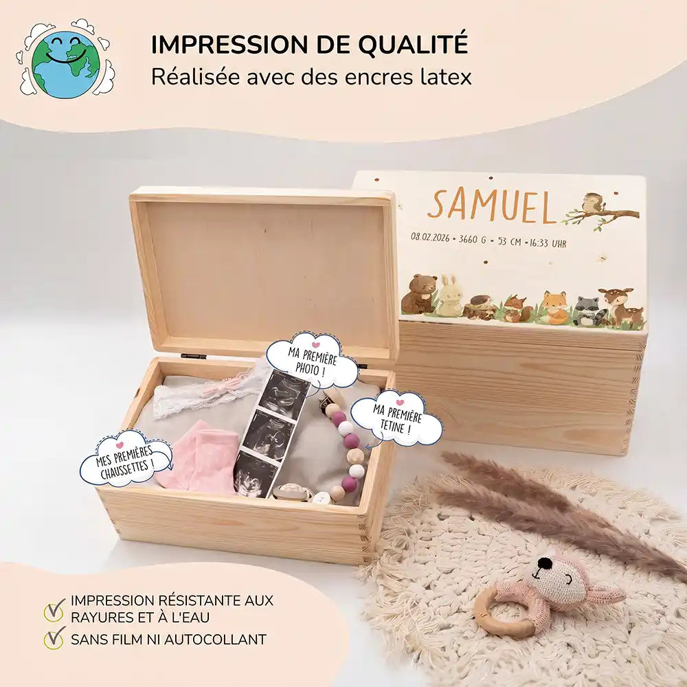 Boîte à souvenirs bébé personnalisée Animaux de la forêt – boîte ouverte avec les premiers souvenirs de bébé