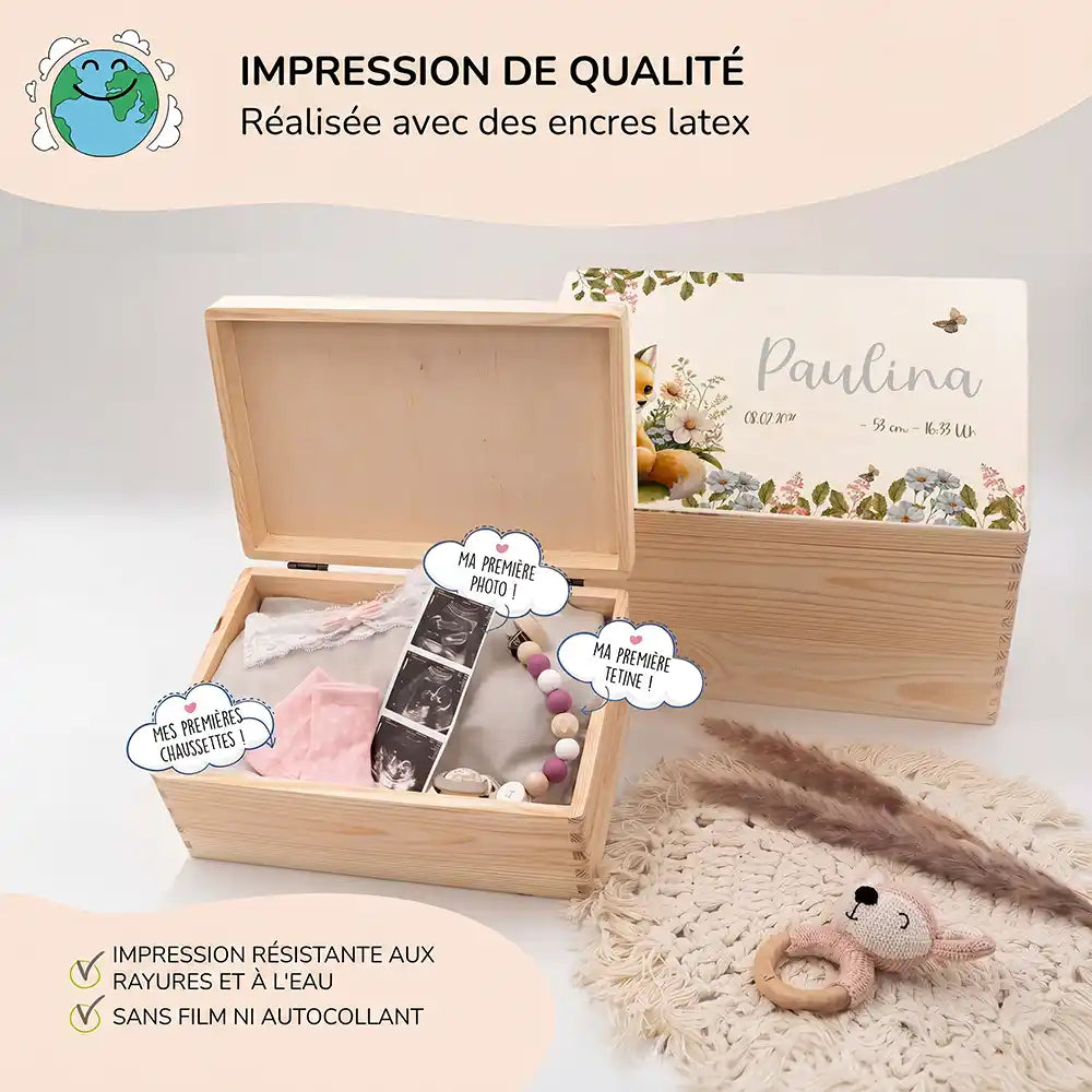 Boîte à souvenirs bébé personnalisée Bébé renard – boîte ouverte avec les premiers souvenirs de bébé