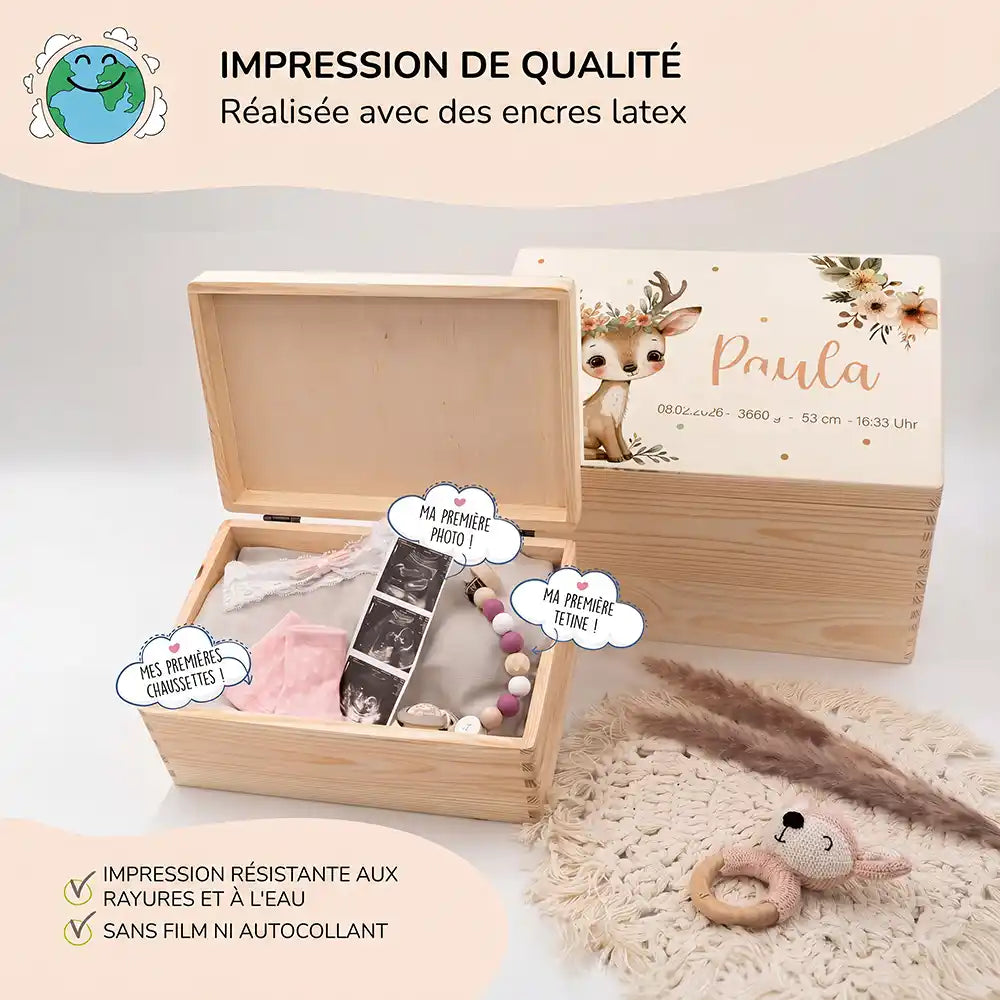 Boîte à souvenirs bébé personnalisée Faon couronne de fleurs – boîte ouverte avec les premiers souvenirs de bébé
