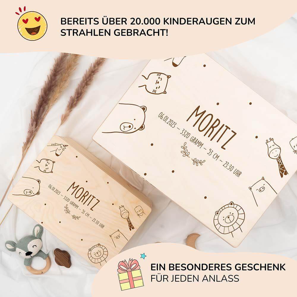 hochwertige erinnerungskiste mit fröhlicher tierfamilie personalisiert