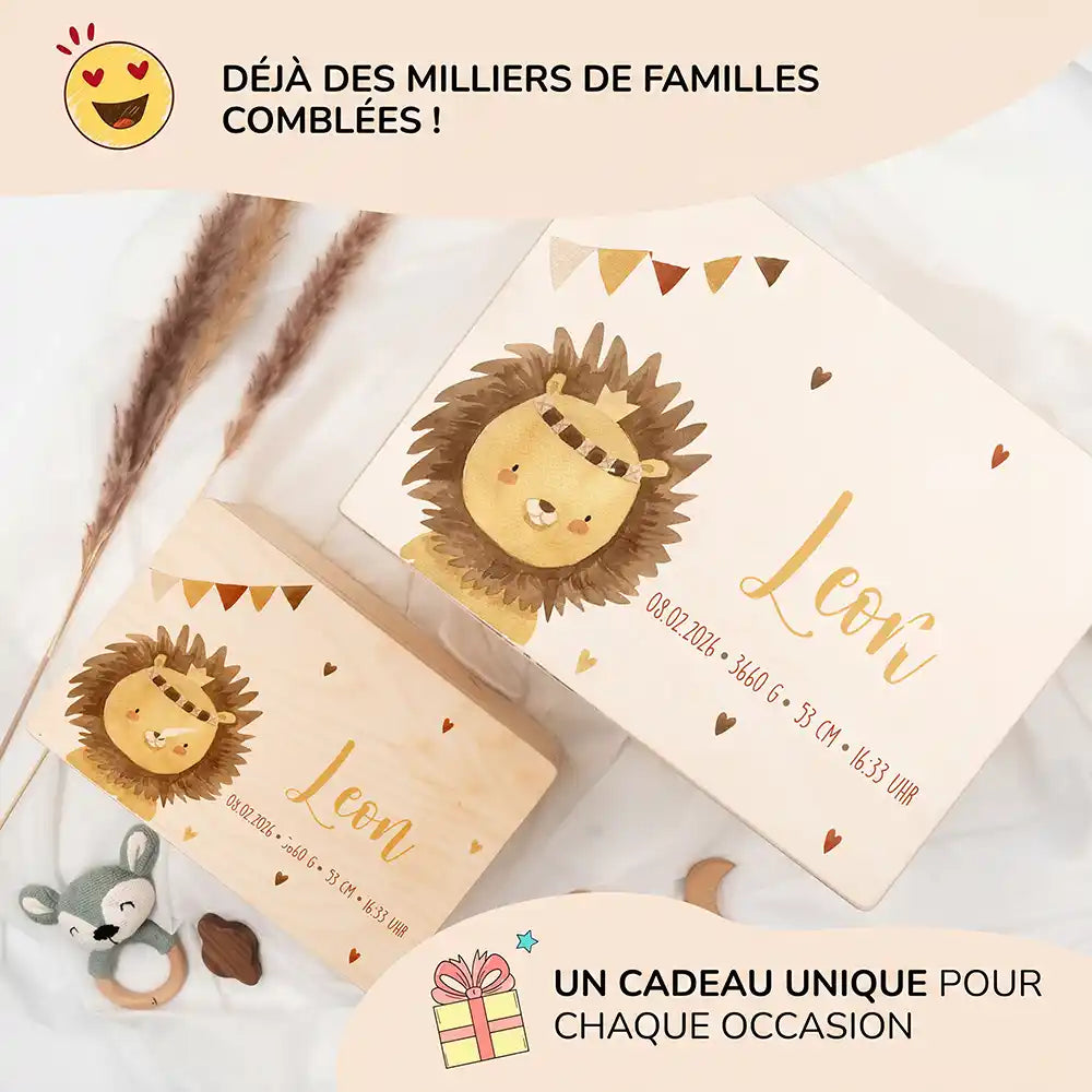 Boîte à souvenirs bébé personnalisée Petit lion – les deux grandes tailles présentées ensemble