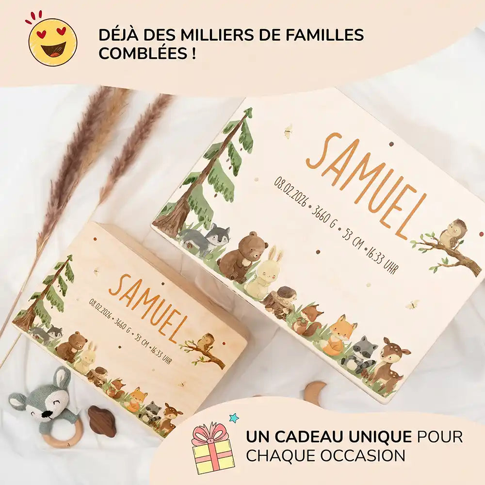 Boîte à souvenirs bébé personnalisée Animaux de la forêt – les deux grandes tailles présentées ensemble