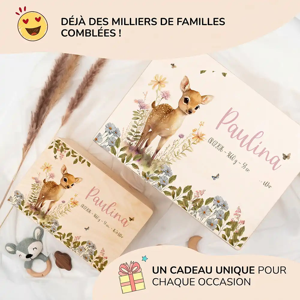 Boîte à souvenirs bébé personnalisée Faon fleurs des champs – les deux grandes tailles présentées ensemble