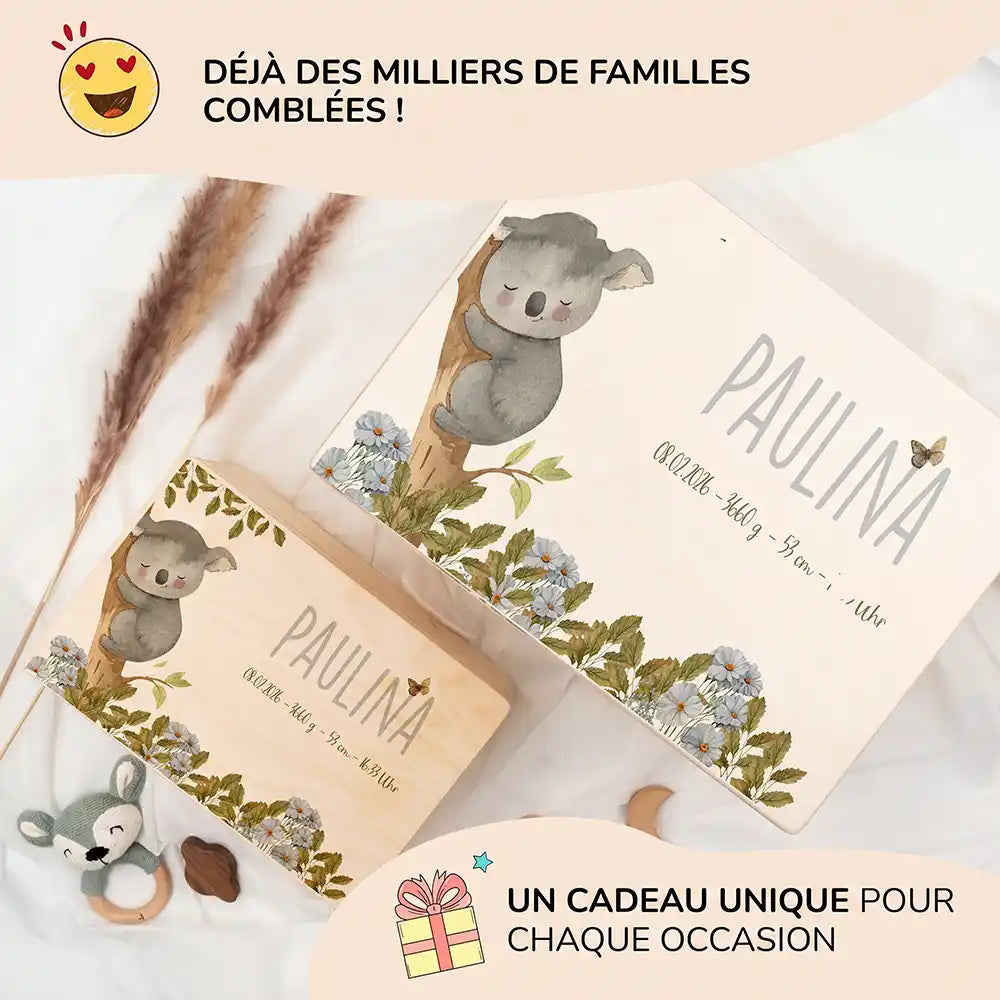 Boîte à souvenirs bébé personnalisée Koala – les deux grandes tailles présentées ensemble