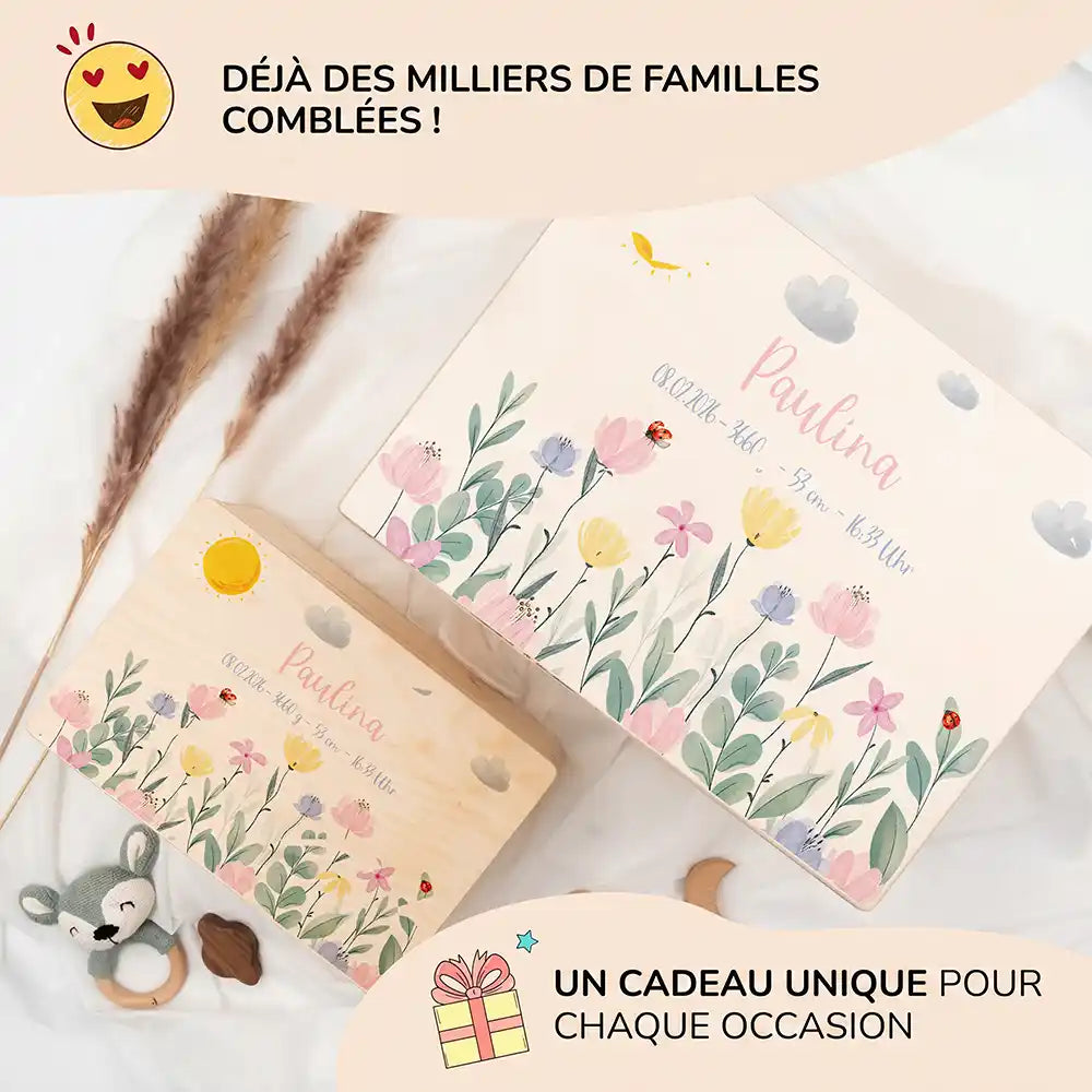 Boîte à souvenirs bébé personnalisée Fleurs sauvages – les deux grandes tailles présentées ensemble