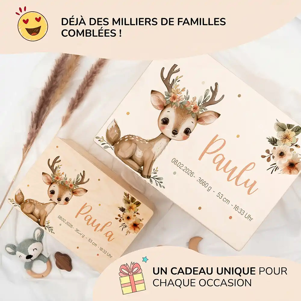 Boîte à souvenirs bébé personnalisée Faon couronne de fleurs – les deux grandes tailles présentées ensemble