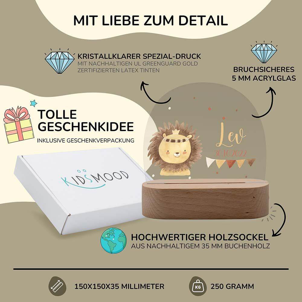 night lamp with baby löwe, dots, garland, and personalized name