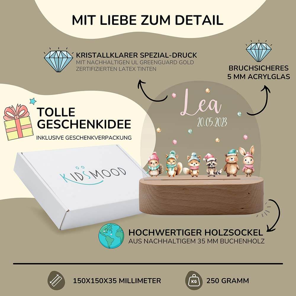 Nachtlicht Kinder personalisiert - Weihnachtswaldtiere