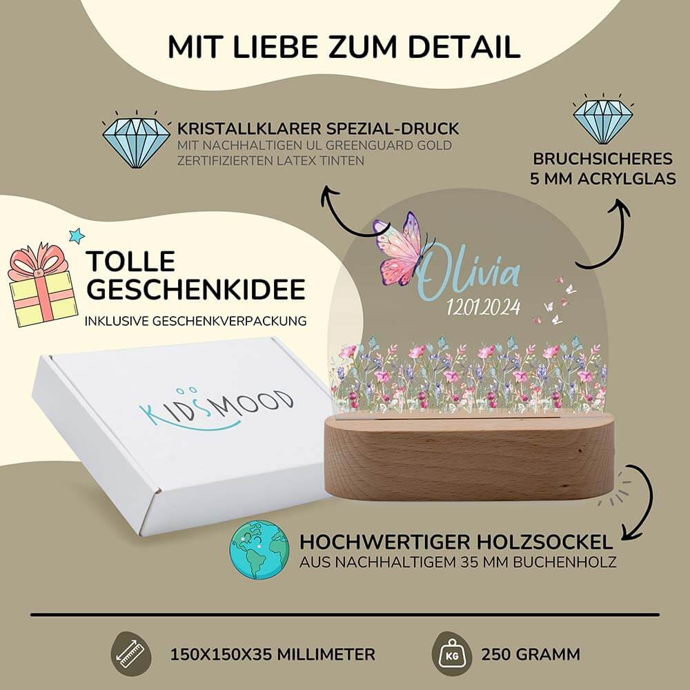 Nachtlicht Kinder personalisiert - Blumenwiese & Schmetterlinge