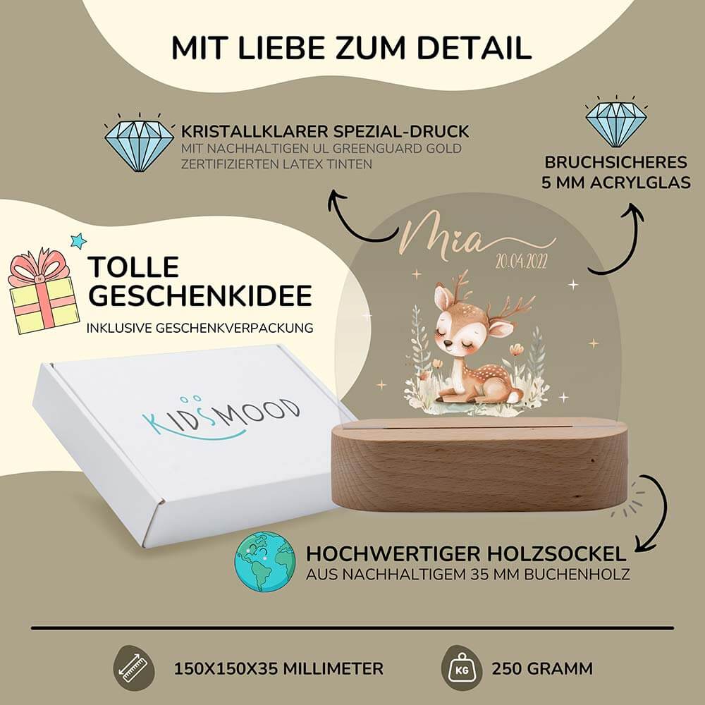 Nachtlicht Kinder personalisiert - Baby Reh im Wald