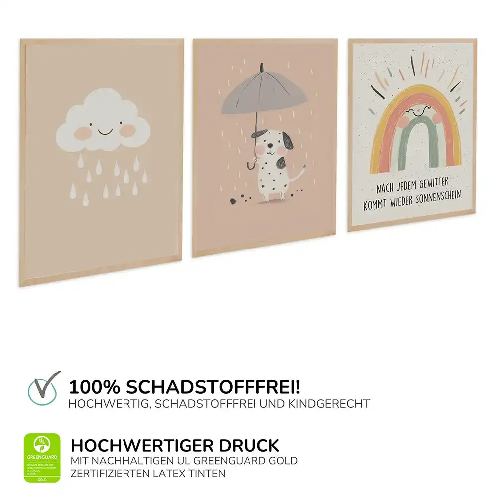 Poster 3er-Set - Wolke, Hund im Regen & Regenbogen fürs Kinderzimmer