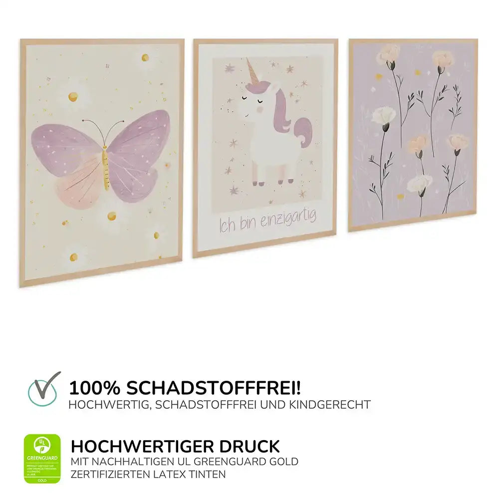 Poster 3er-Set - Schmetterling, Einhorn & Blumen fürs Kinderzimmer