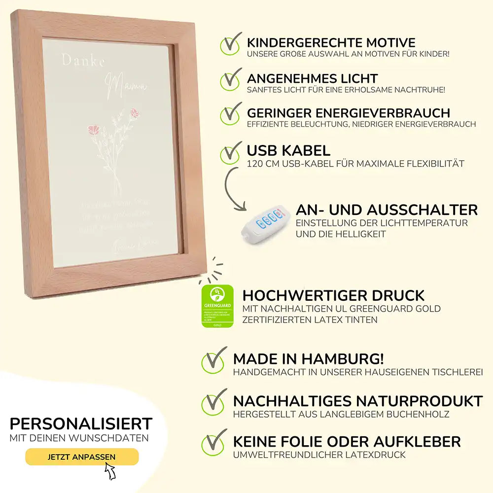 LED-Bilderrahmen Nachtlicht 'Danke Mama' personalisierbar mit leuchtendem Holzrahmen