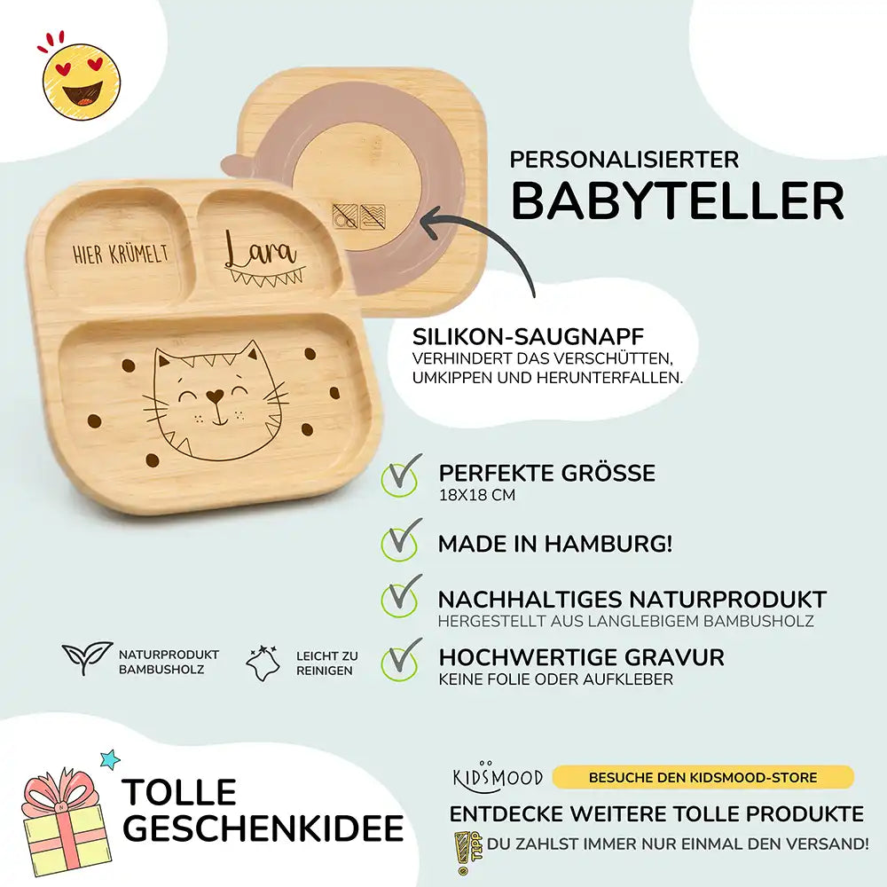 Kinderteller mit Saugnapf personalisiert mit Namen - Kätzchen Motiv
