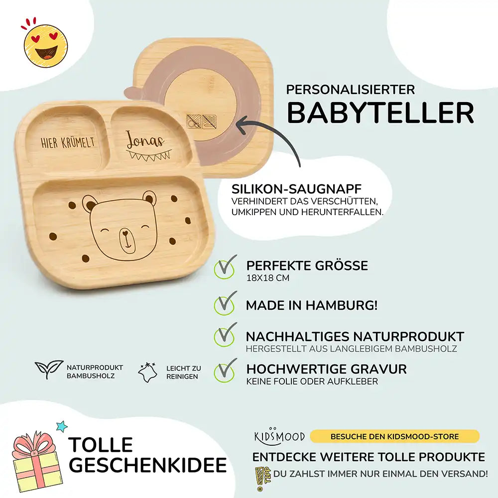 Kinderteller mit Saugnapf personalisiert mit Namen - Bär Motiv
