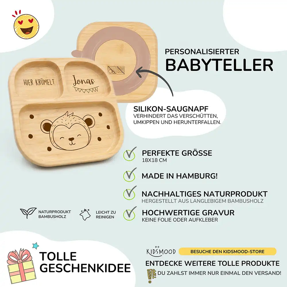 Kinderteller mit Saugnapf personalisiert mit Namen - Fuchs Motiv
