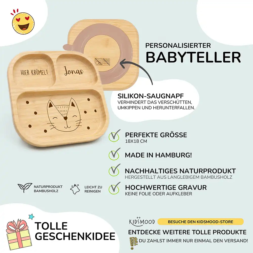 Kinderteller mit Saugnapf personalisiert mit Namen - Hase mit Punkten Motiv