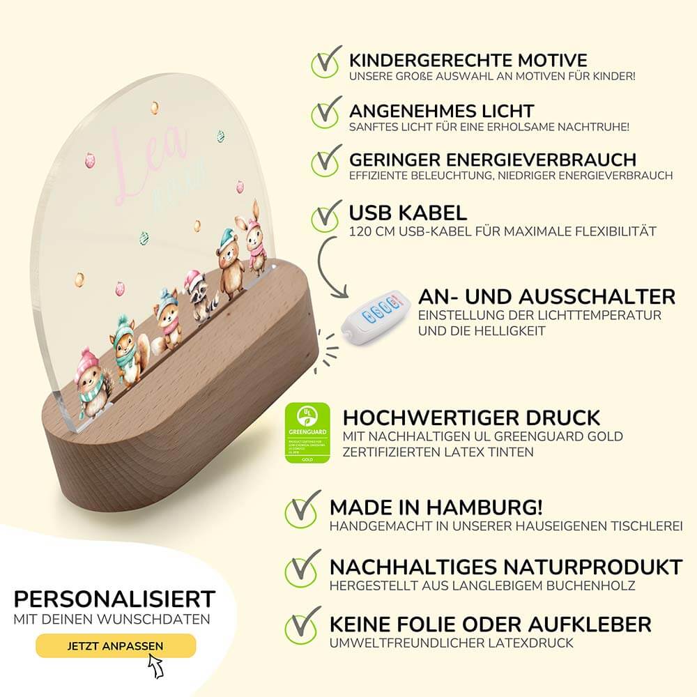 Nachtlicht Kinder personalisiert - Weihnachtswaldtiere