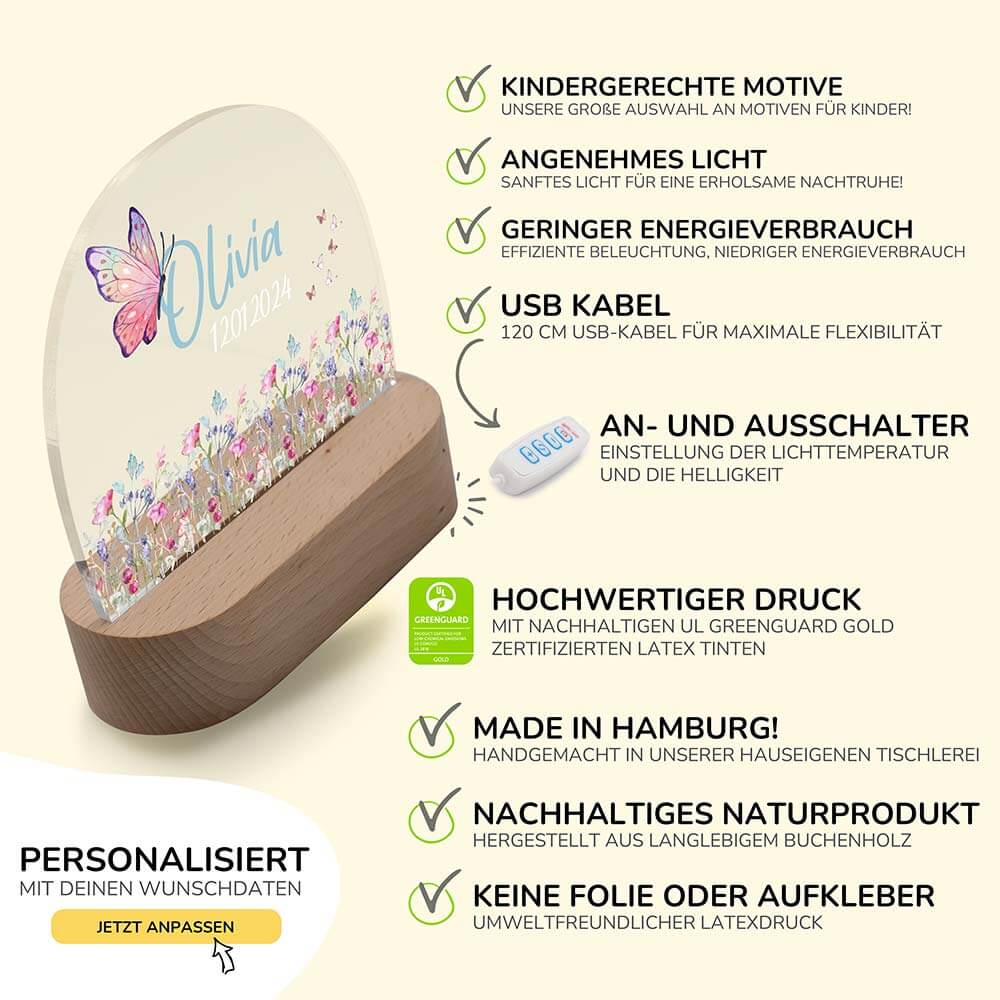 Nachtlicht Kinder personalisiert - Blumenwiese & Schmetterlinge