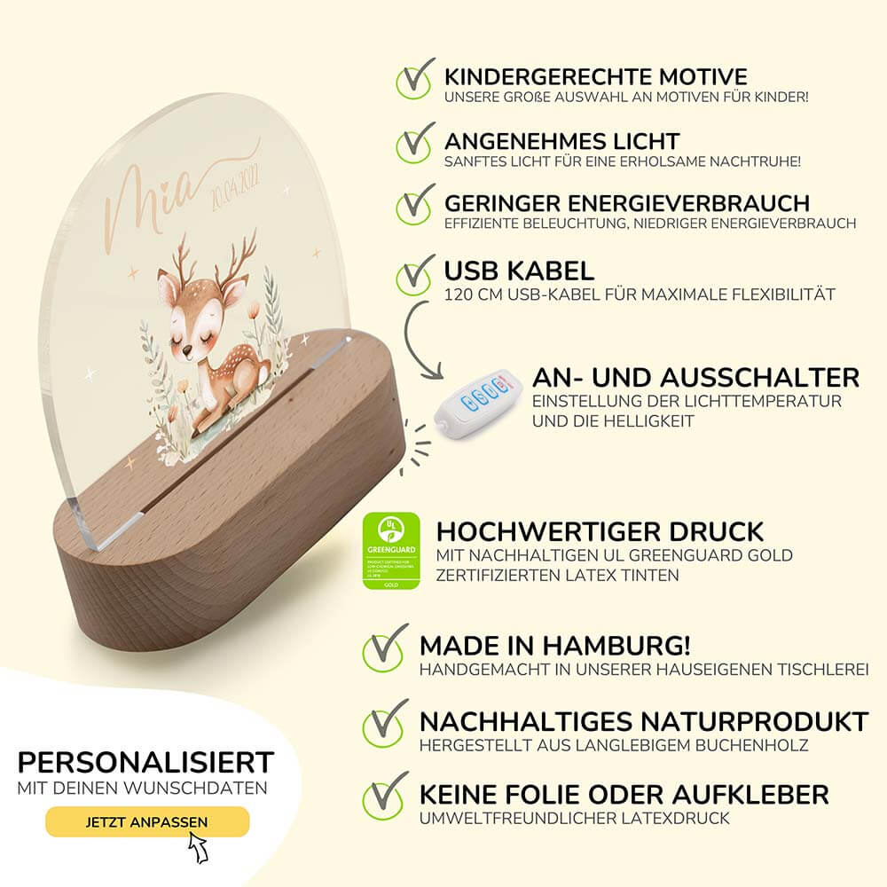 Nachtlicht Kinder personalisiert - Baby Reh im Wald