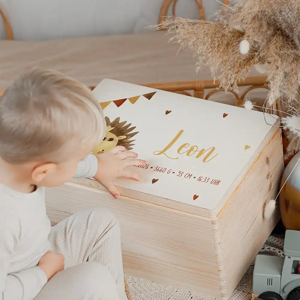 Boîte à souvenirs bébé personnalisée Petit lion – coffret en bois dans la chambre d'enfant