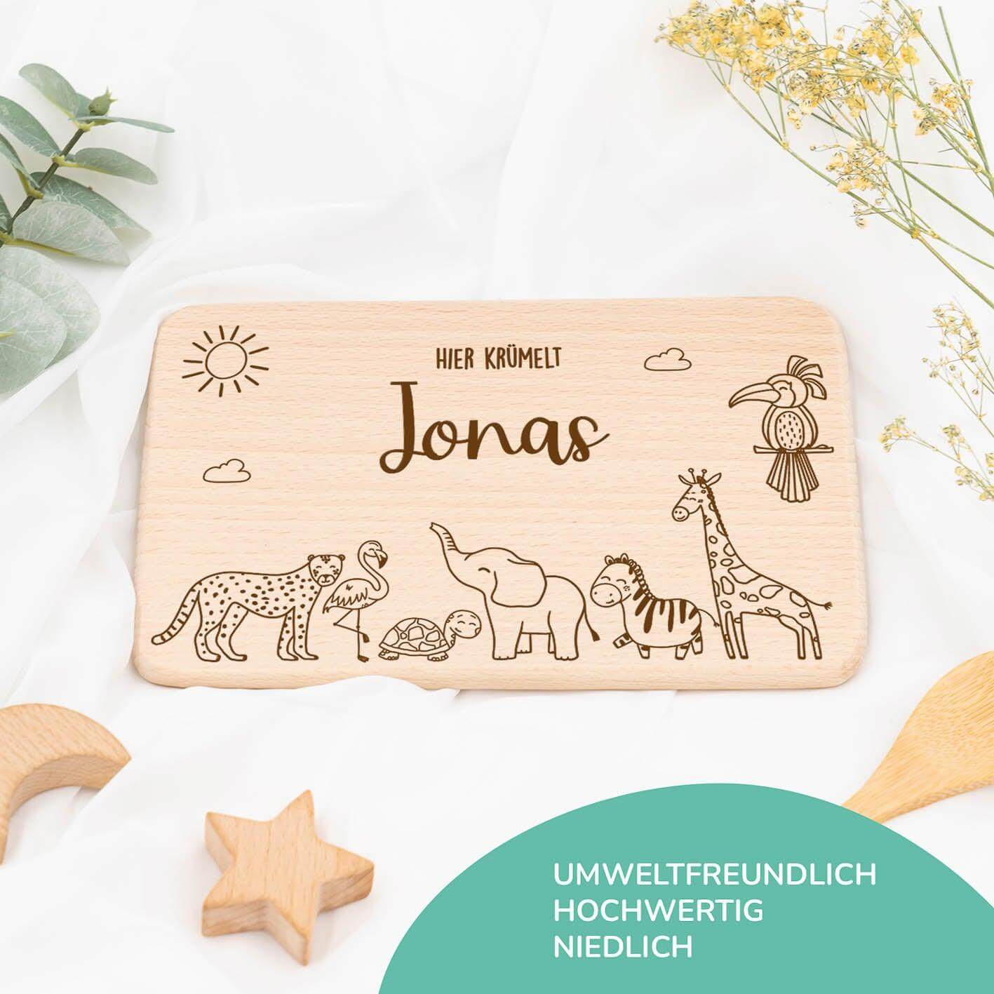 engraved breakfast board with safari animals and custom name
