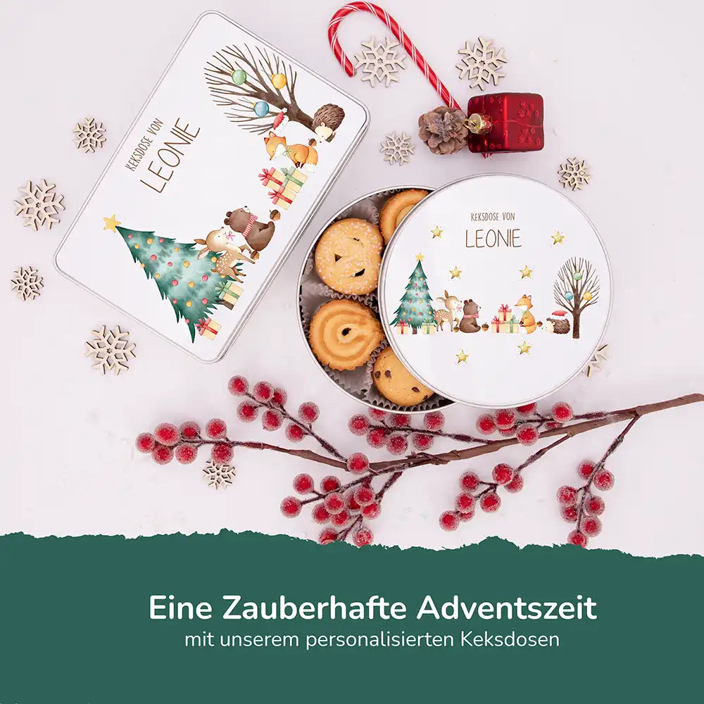 Keksdose aus Metal personalsiert - fröhliche Tiere im Wald