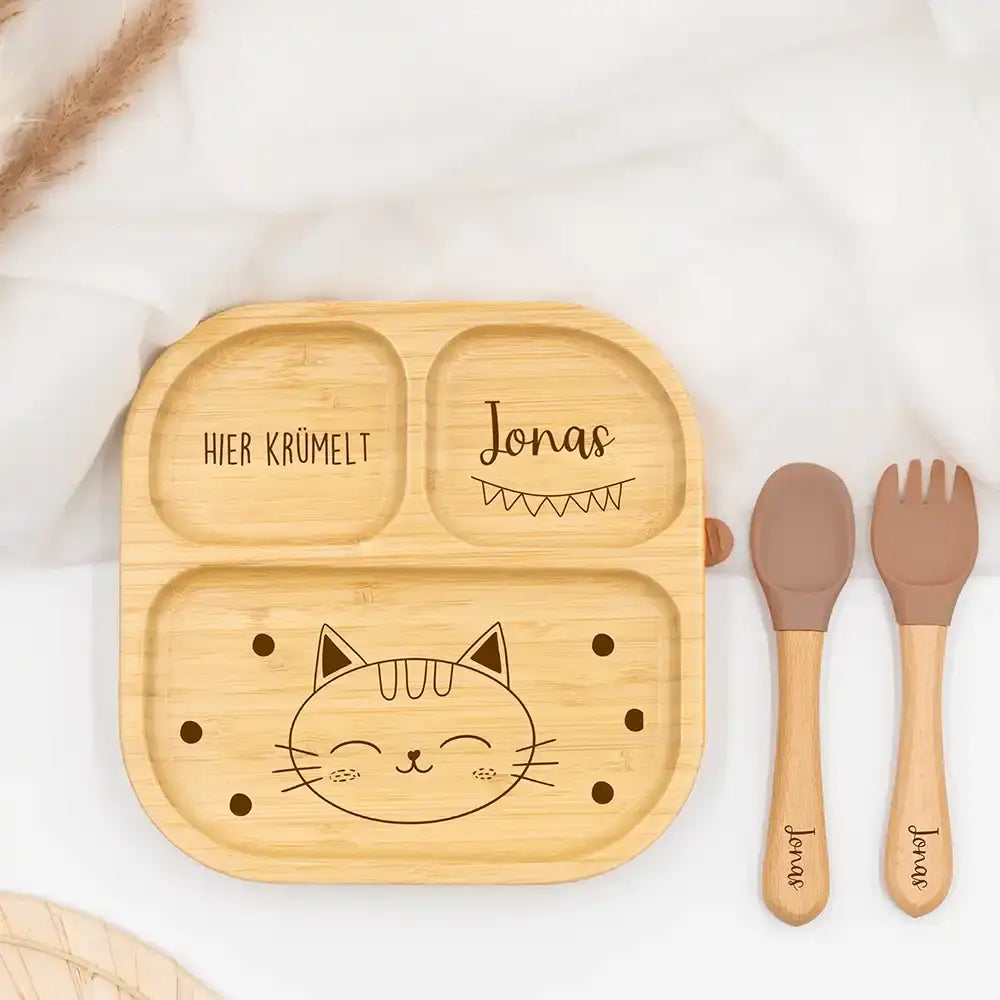 Kinderteller mit Saugnapf personalisiert mit Namen - Katze Motiv