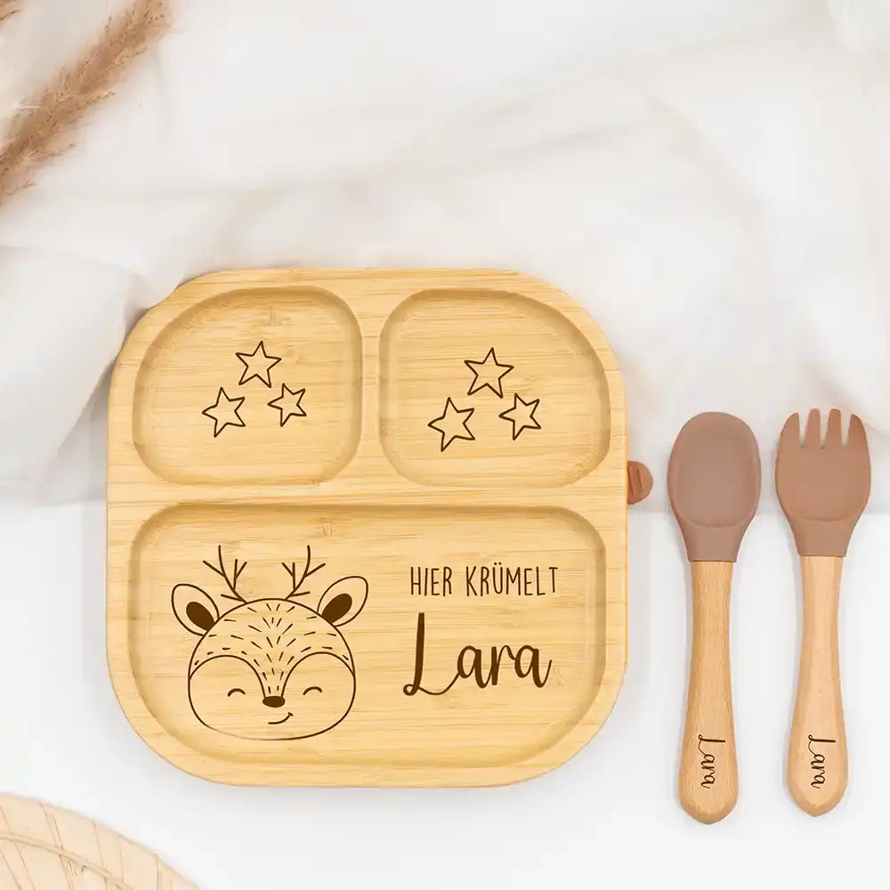 Süßer personalisierter Kinderteller Lara mit liebevollen Tiermotiven - Bambus Geschirr für kleine Entdecker