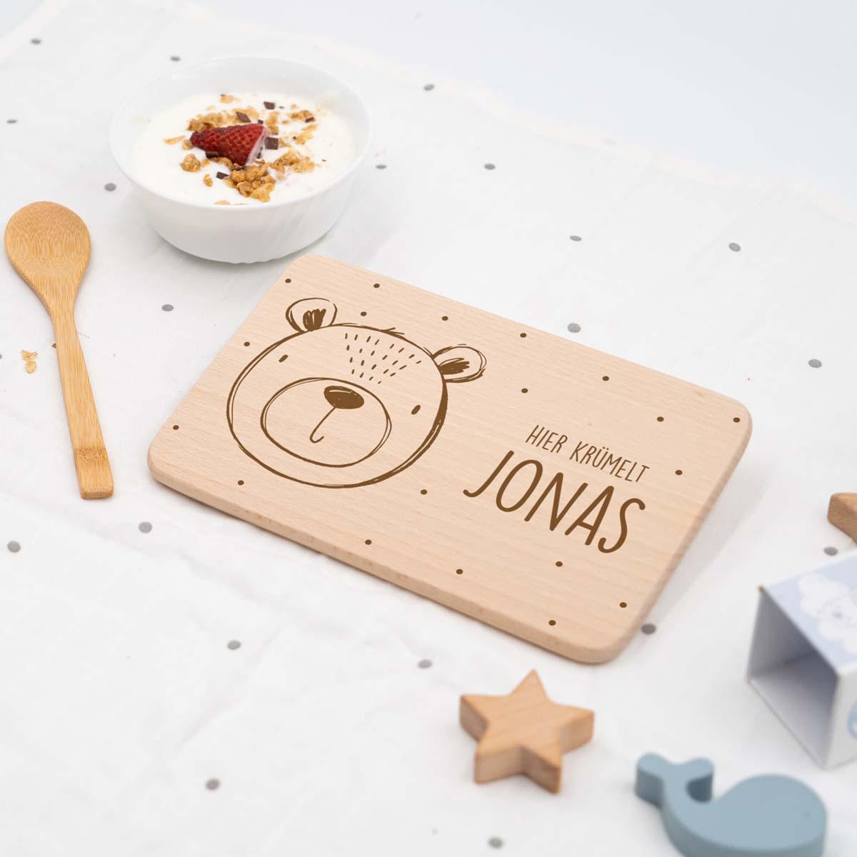 engraved breakfast board with bear motif and custom name