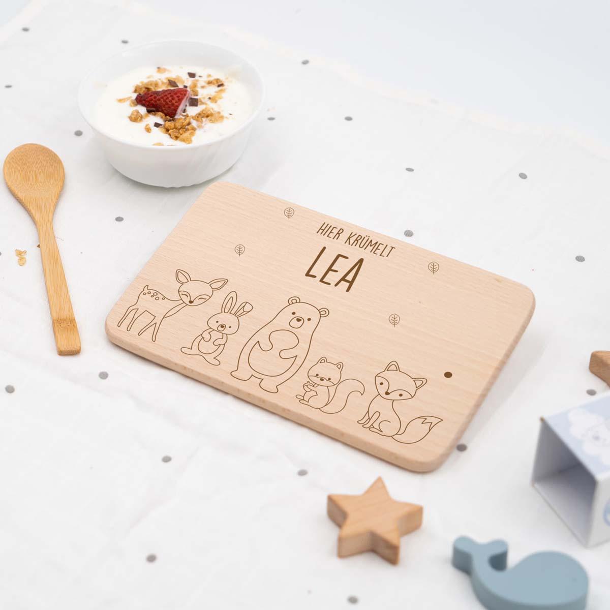 close-up of animal family design on personalized breakfast board