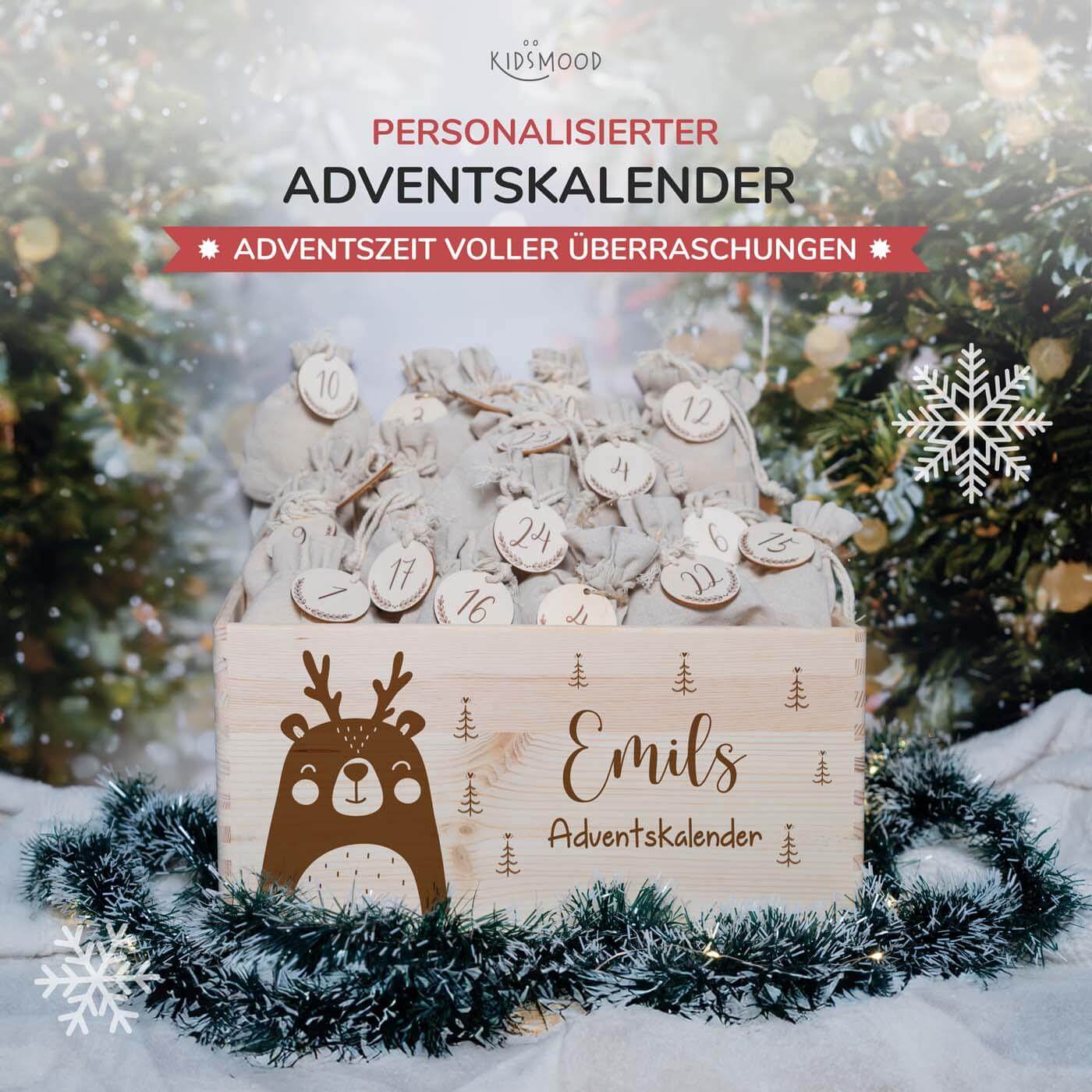 nahaufnahme des adventskalenders mit individuellem namen