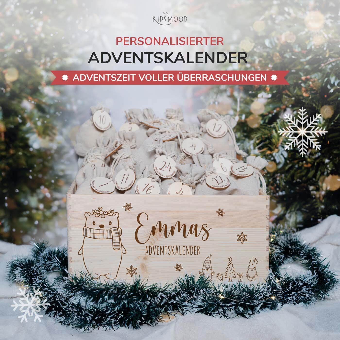 hochwertiger adventskalender mit chrismas bär personalisiert