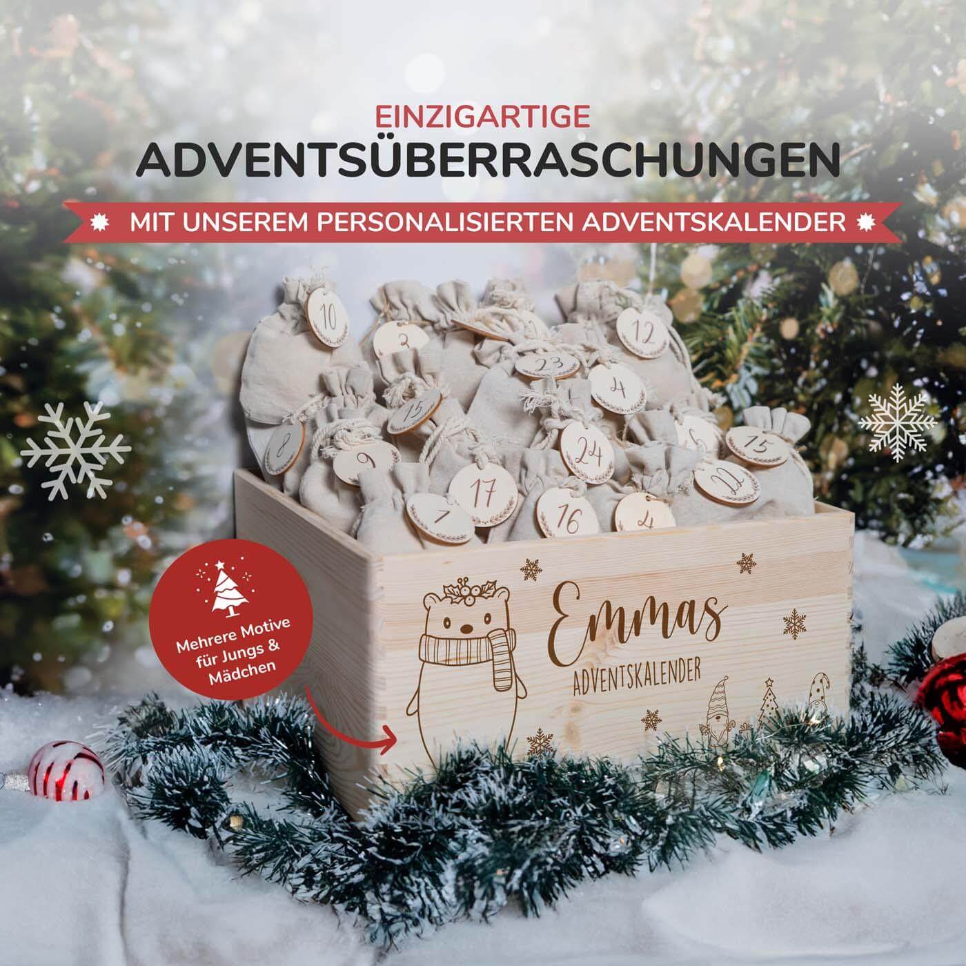 adventskalender mit chrismas bär motiv und individuellem namen