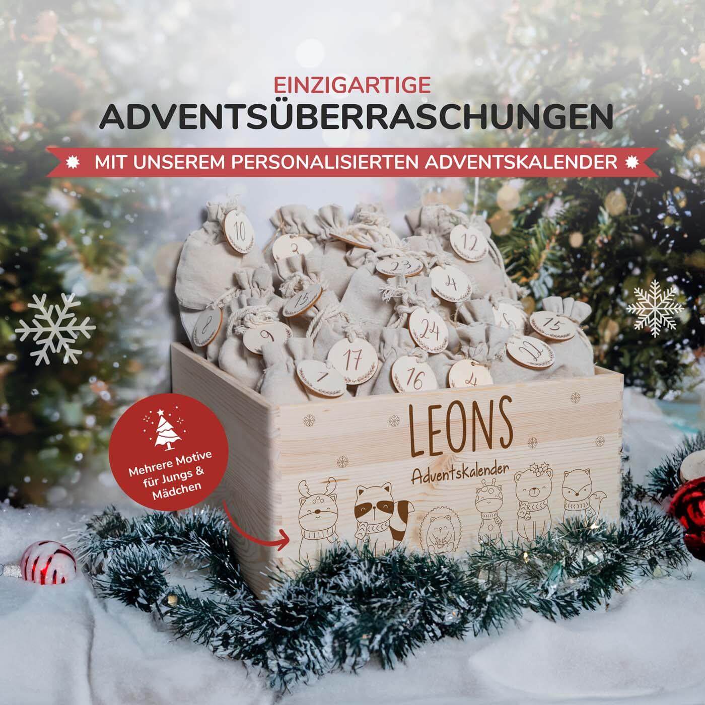 hochwertiger adventskalender mit waldtiere personalisiert