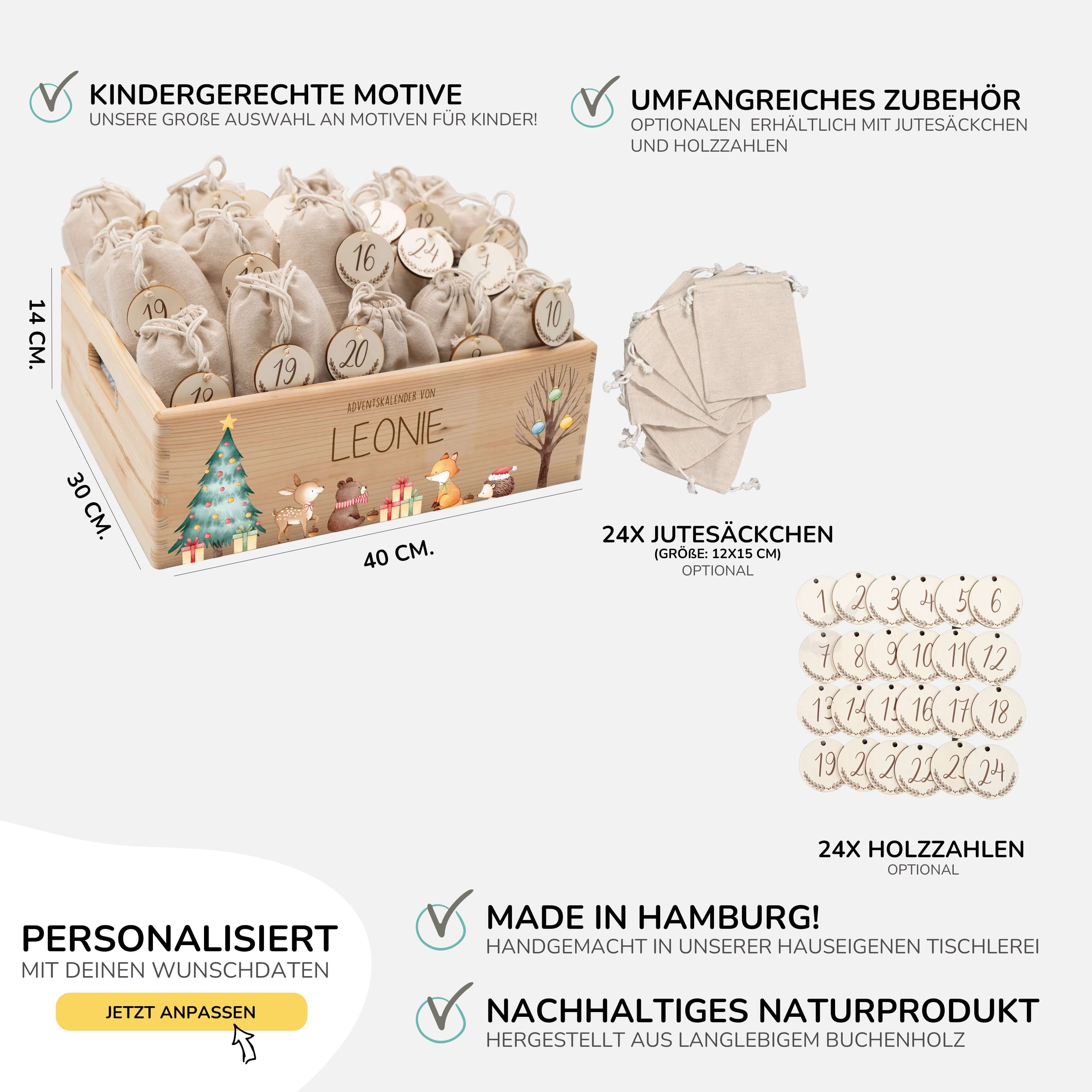 Adventskalender zum befüllen "Waldtiere um den Weihnachtsbaum" personalisiert