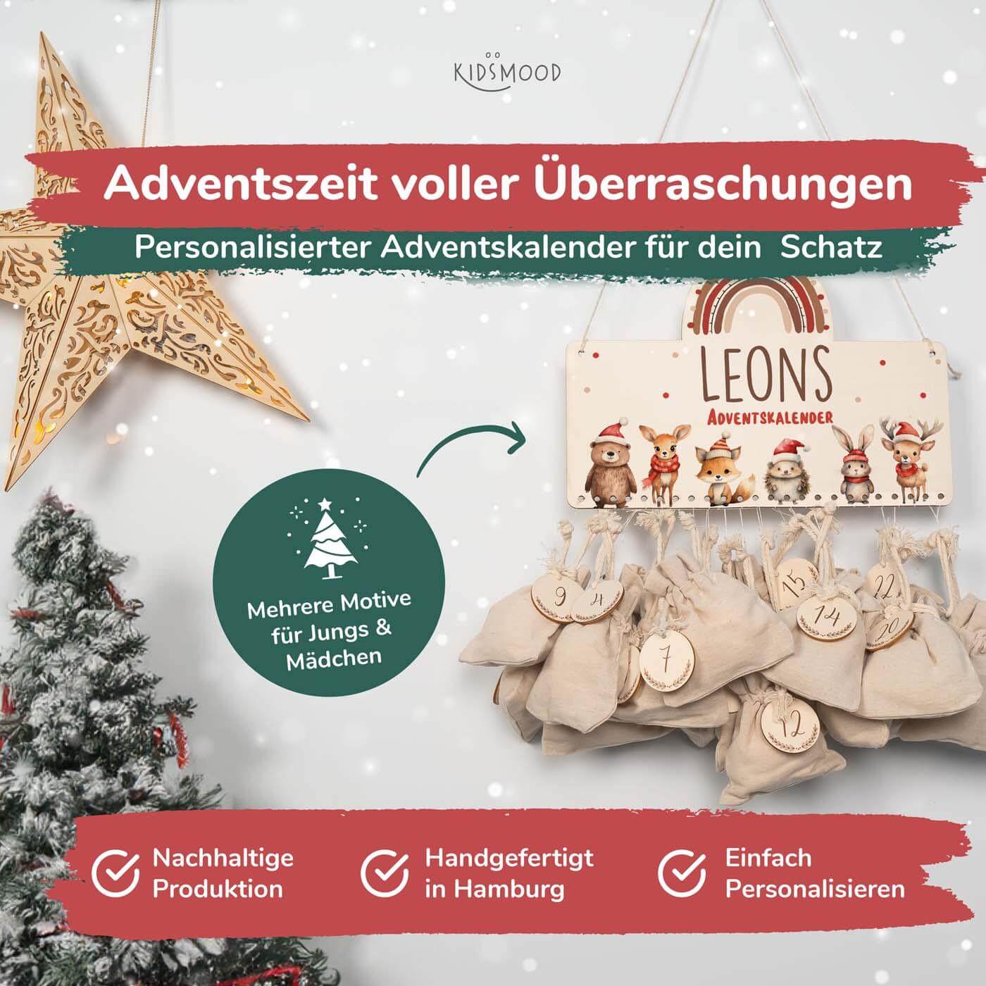 nahaufnahme des adventskalenders mit tierfamilie motiv