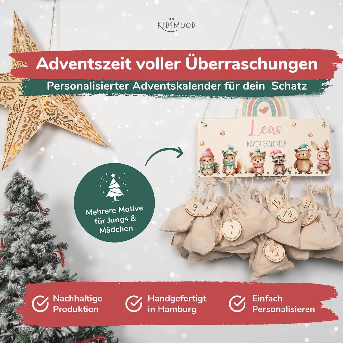adventskalender mit winter-tierfamilie motiv und individuellem namen