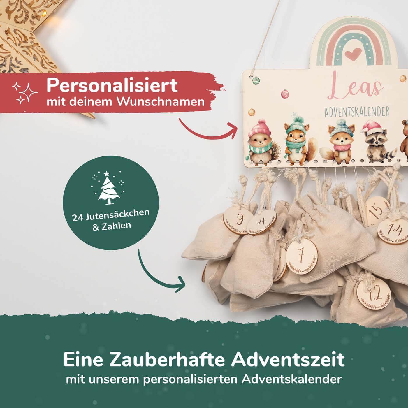 hochwertiger adventskalender mit winter-tierfamilie personalisiert