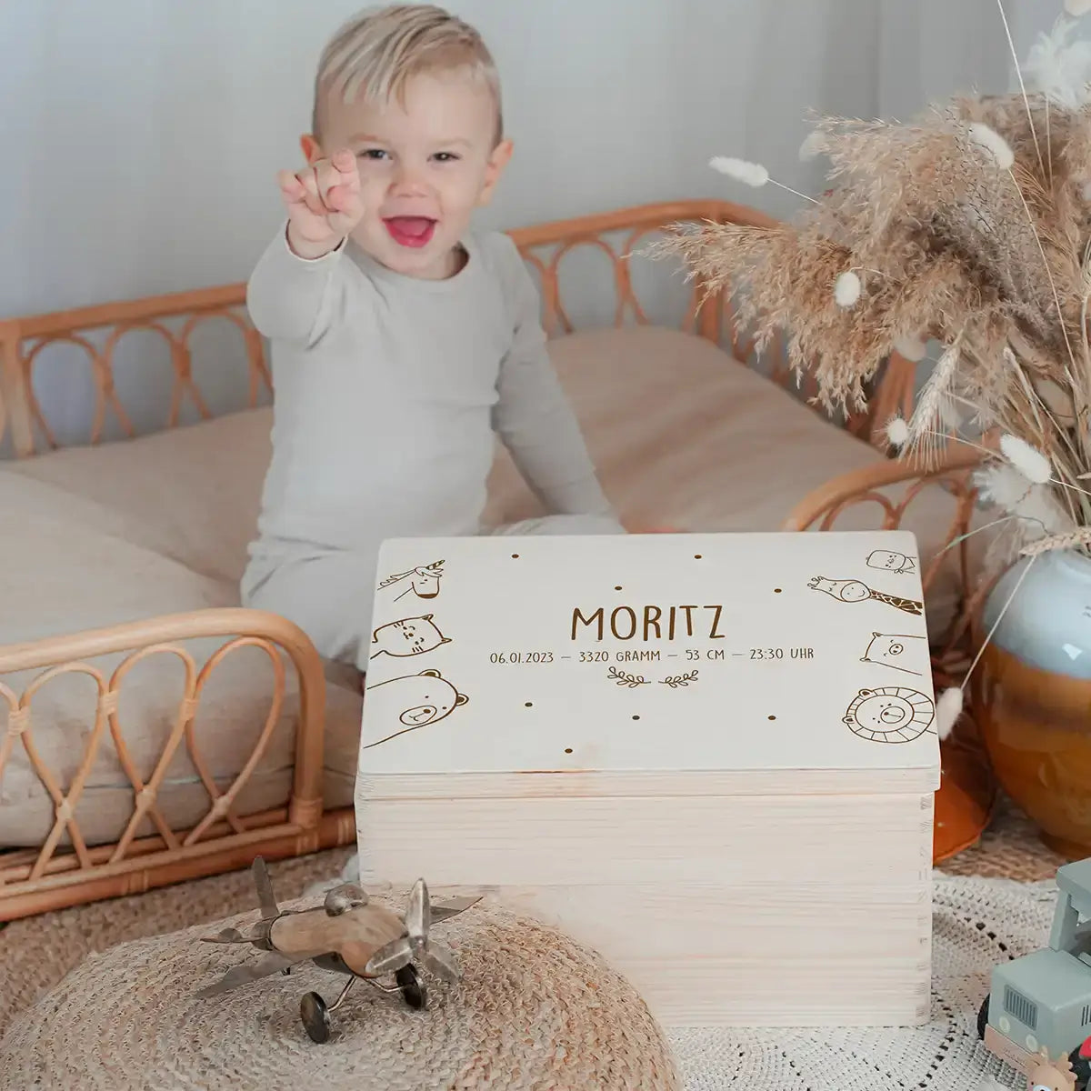 Erinnerungsbox Baby -  fröhliche Tierfamilie