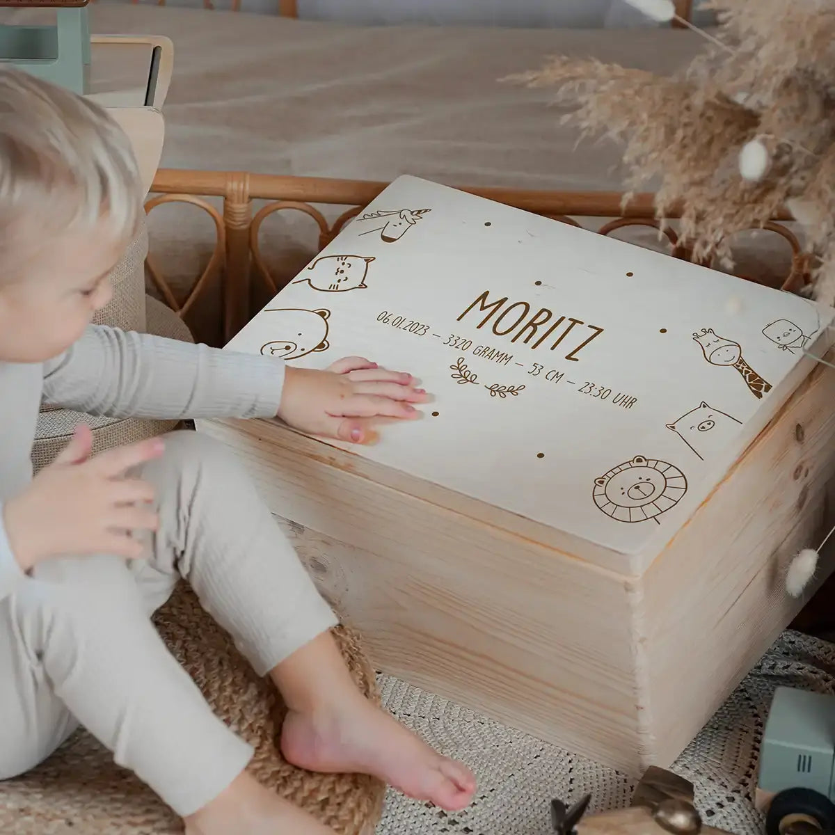 Erinnerungsbox Baby -  fröhliche Tierfamilie