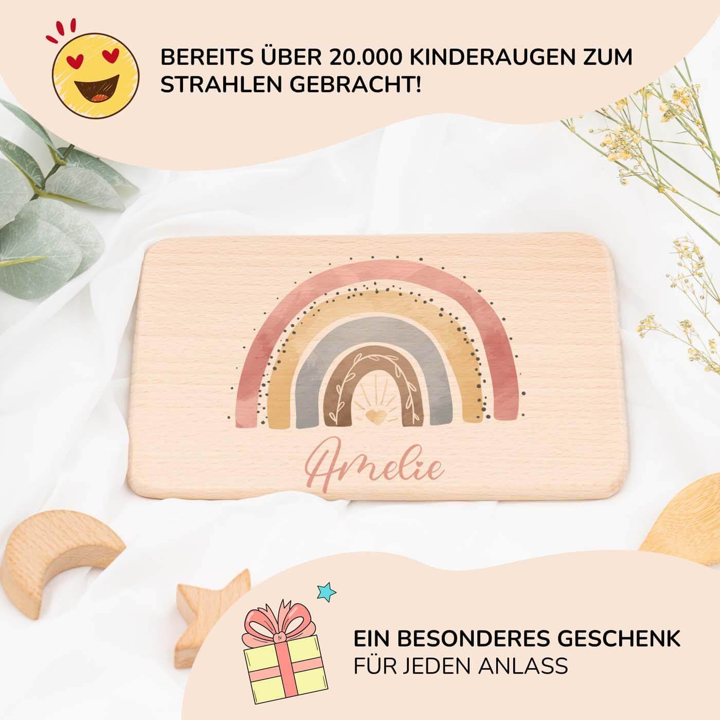 frühstücksbrettchen mit regenbogen motiv für kinder