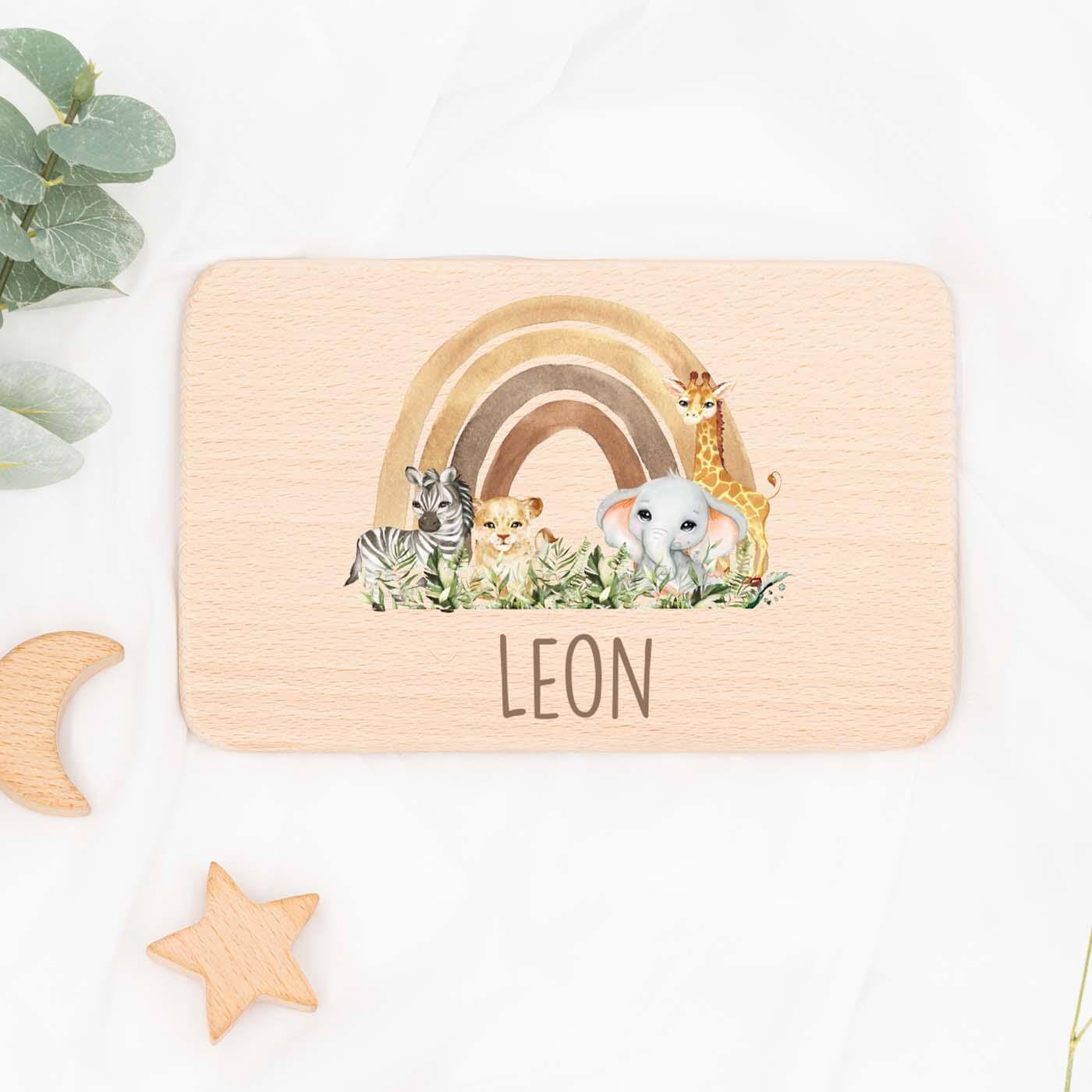 personalisiertes frühstücksbrettchen mit rainbow animals design