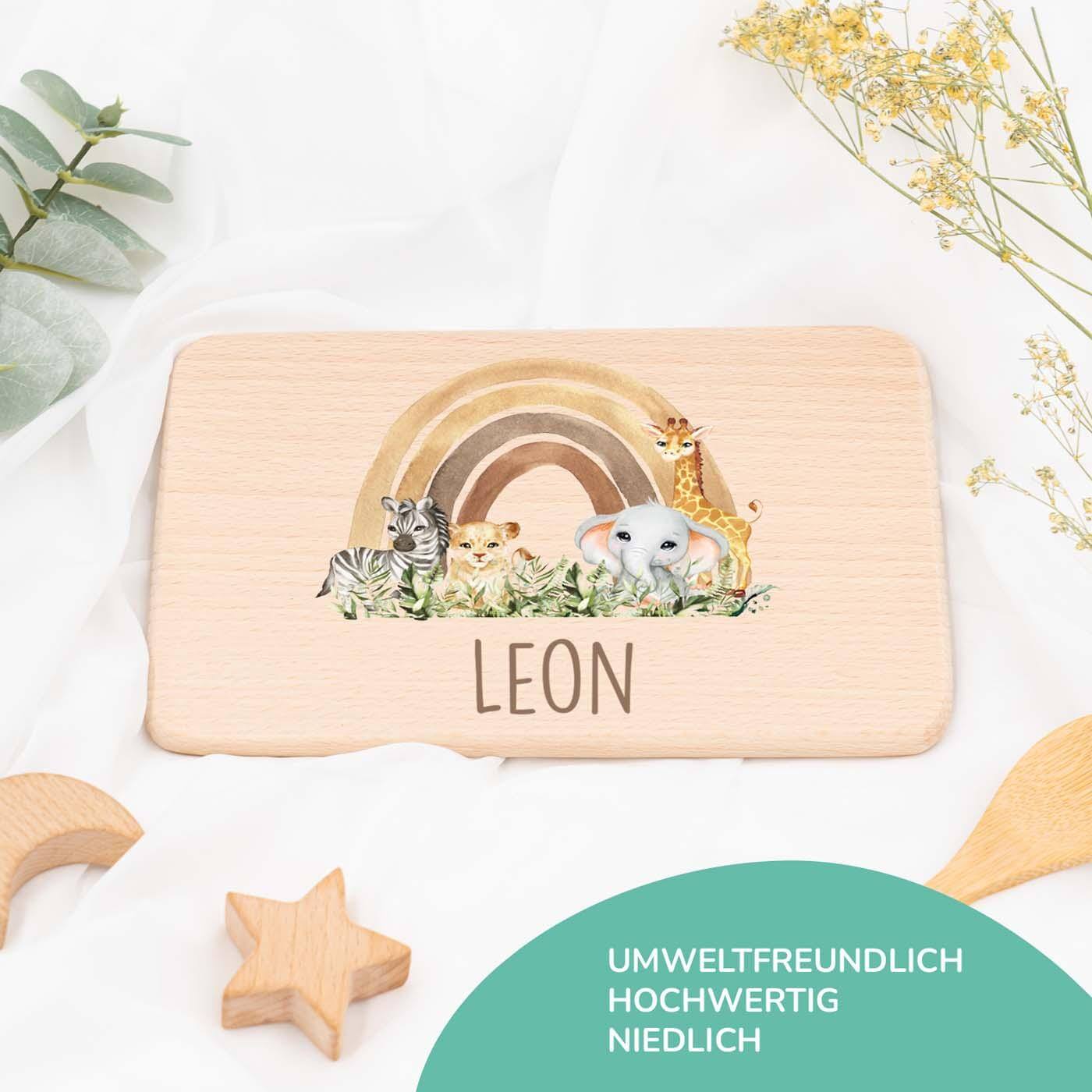 frühstücksbrettchen mit rainbow animals motiv und individuellem namen