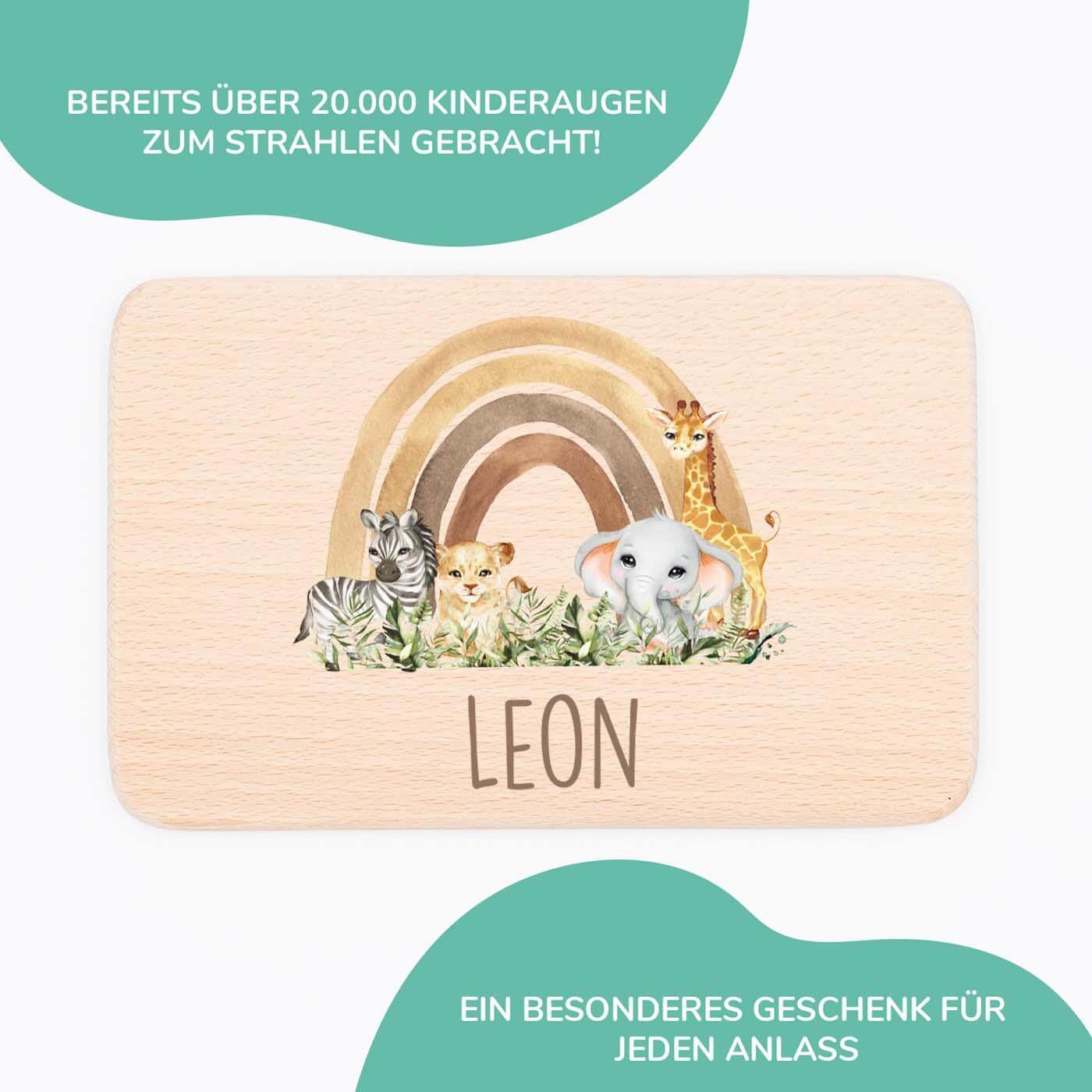 personalisiertes geschenk frühstücksbrettchen mit rainbow animals design