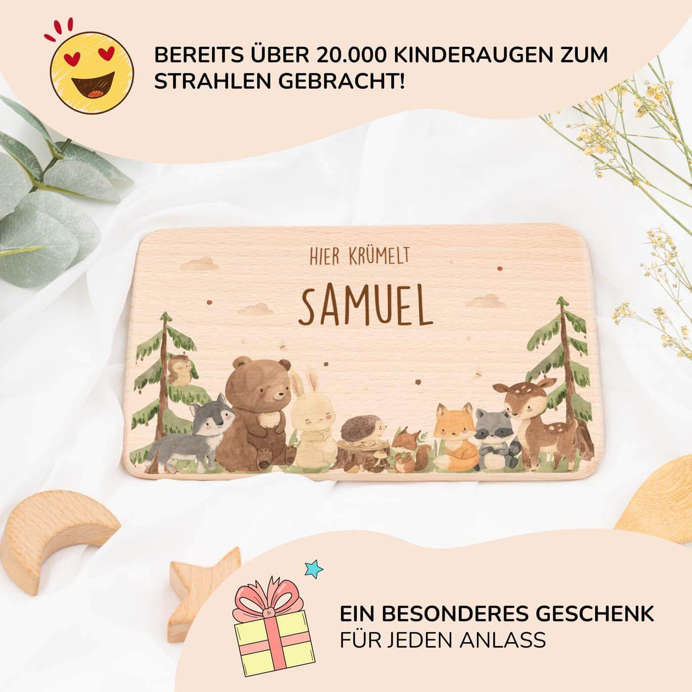 handgefertigtes frühstücksbrettchen mit waldtiere gravur