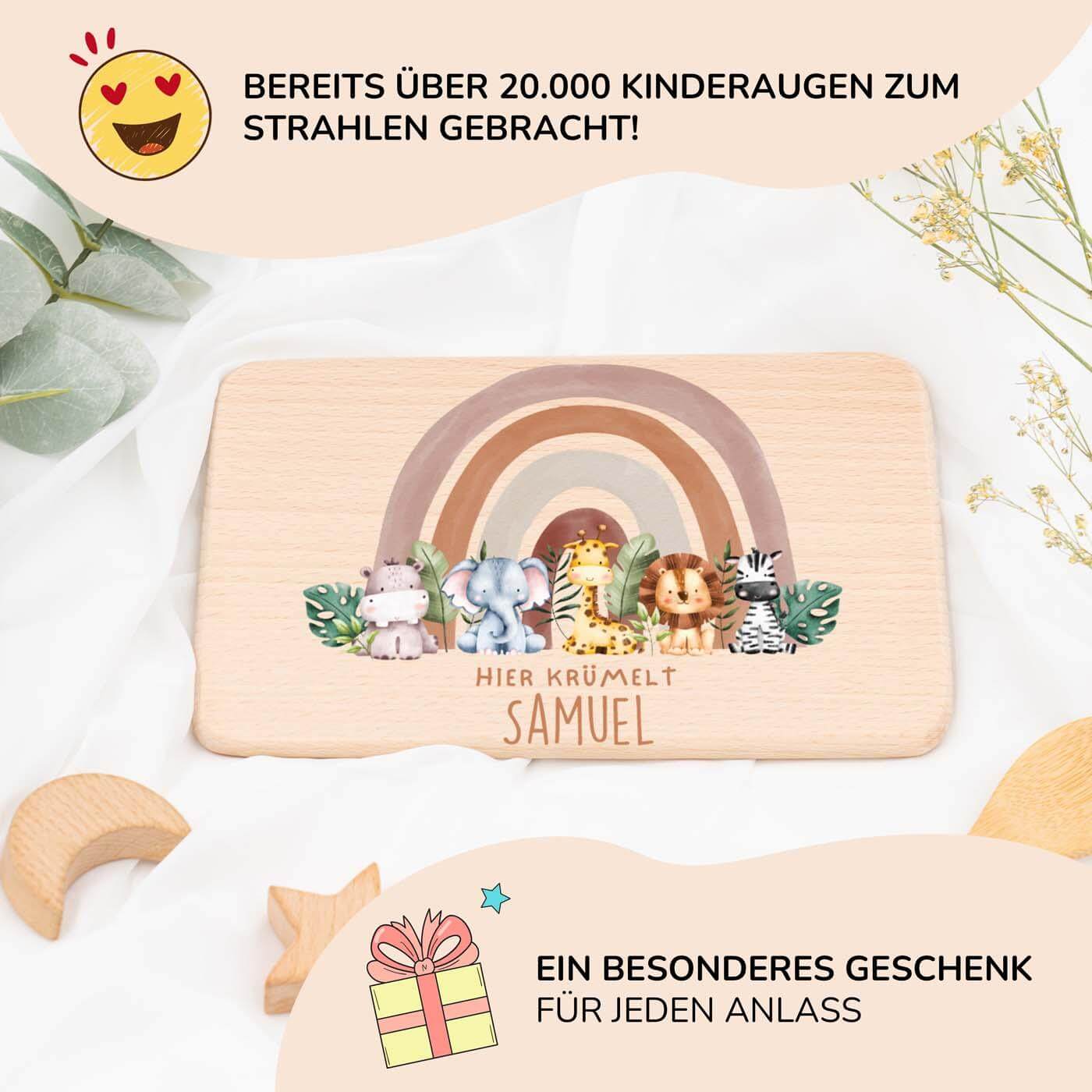personalisiertes geschenk frühstücksbrettchen mit tierfamilie-regenbogen design