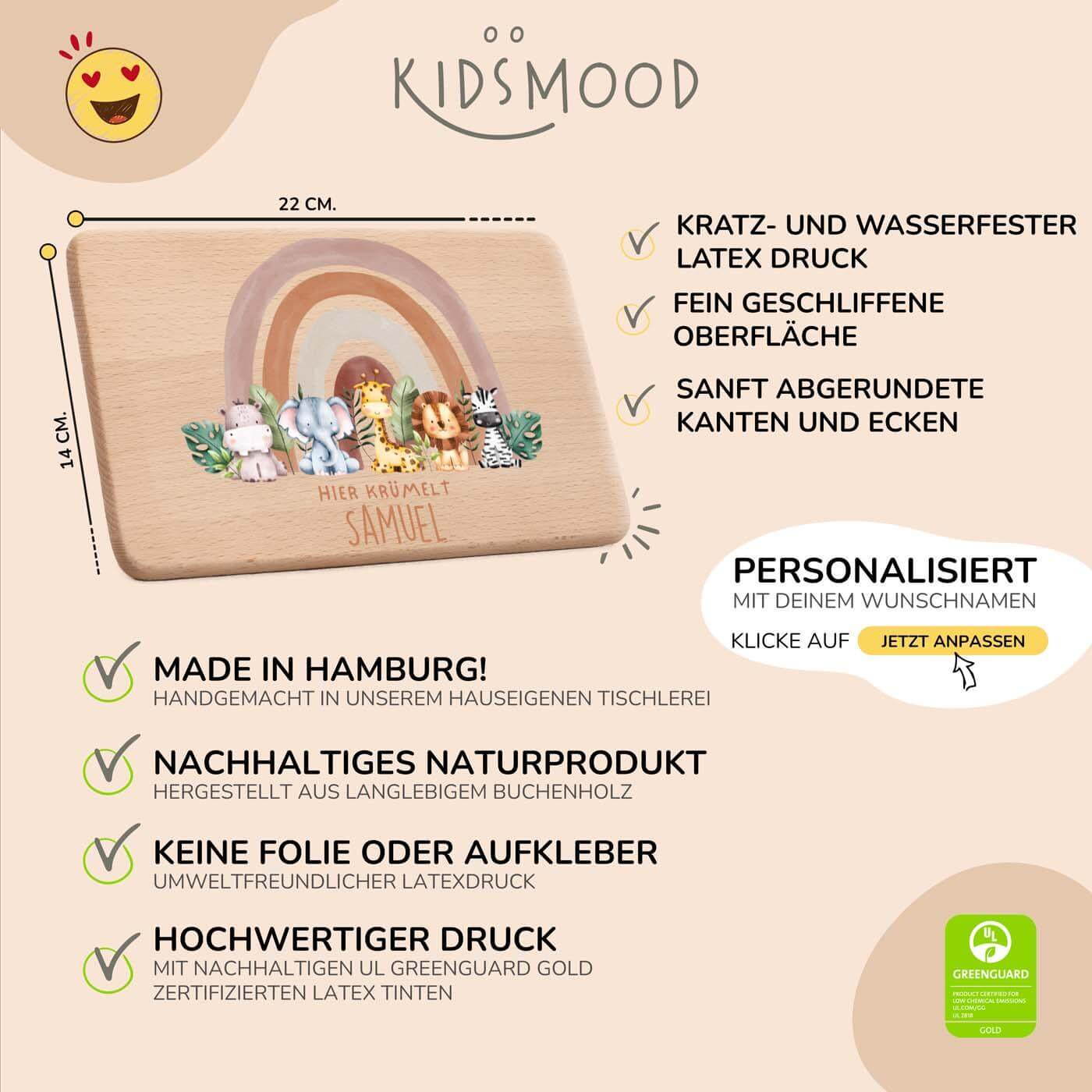 detailansicht der gravur auf dem frühstücksbrettchen mit tierfamilie-regenbogen