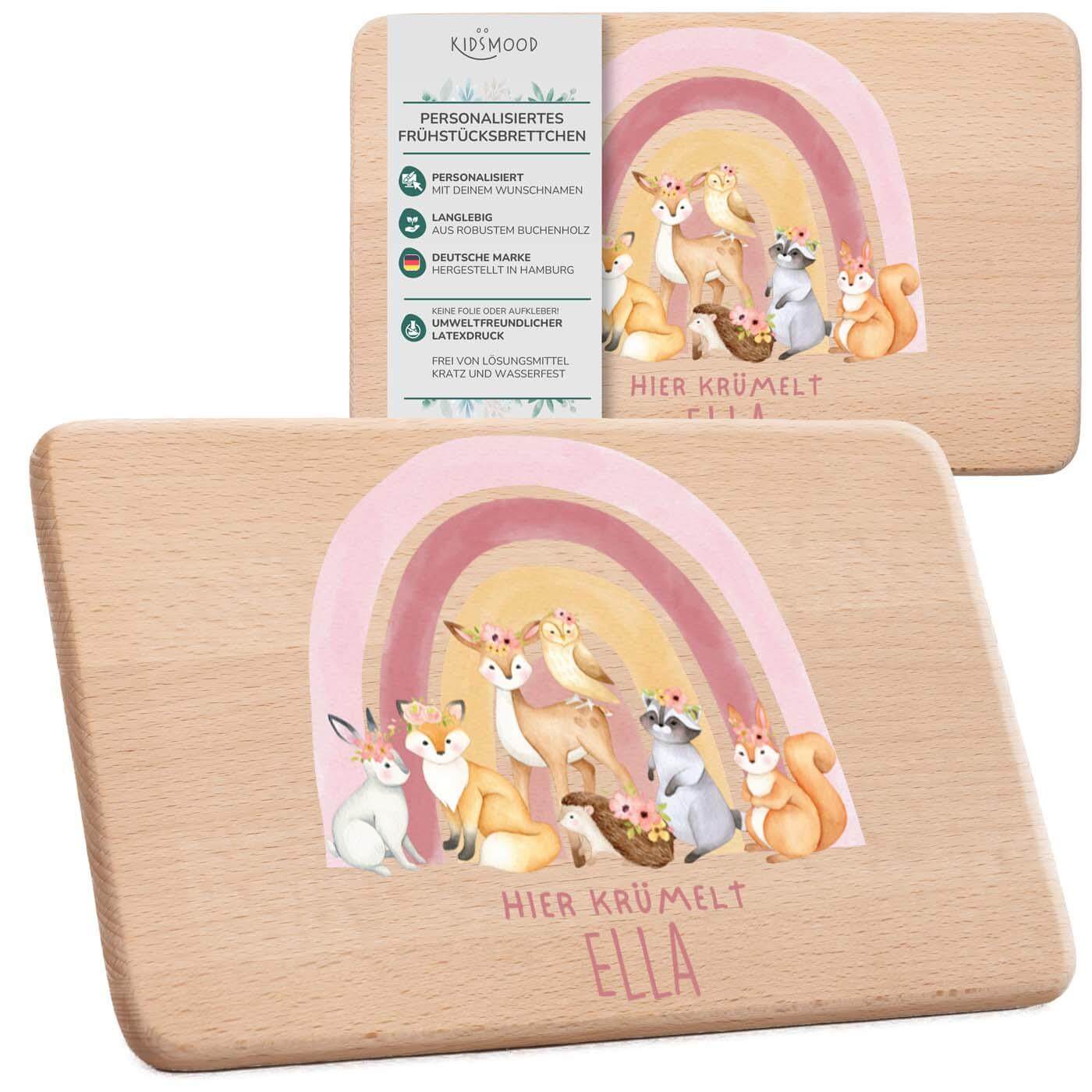 personalisiertes geschenk frühstücksbrettchen mit regenbogen-waldtiere design